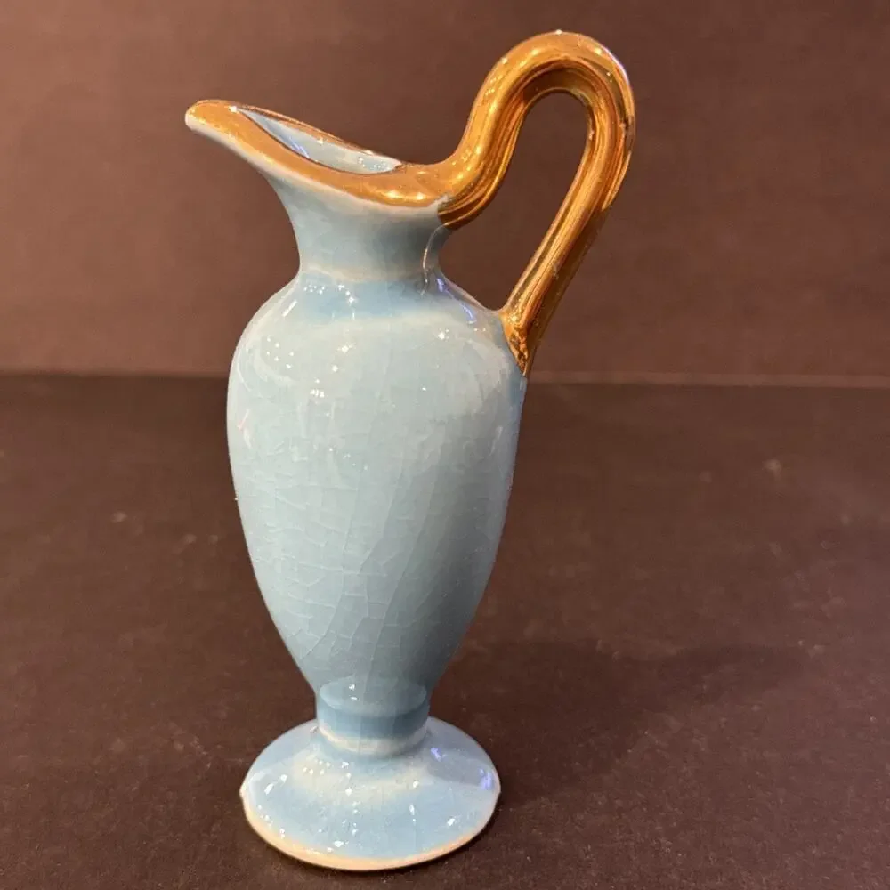 Vintage Set of 4 Mini Pottery Pitchers Colorful Gold Trim Studio Art Style